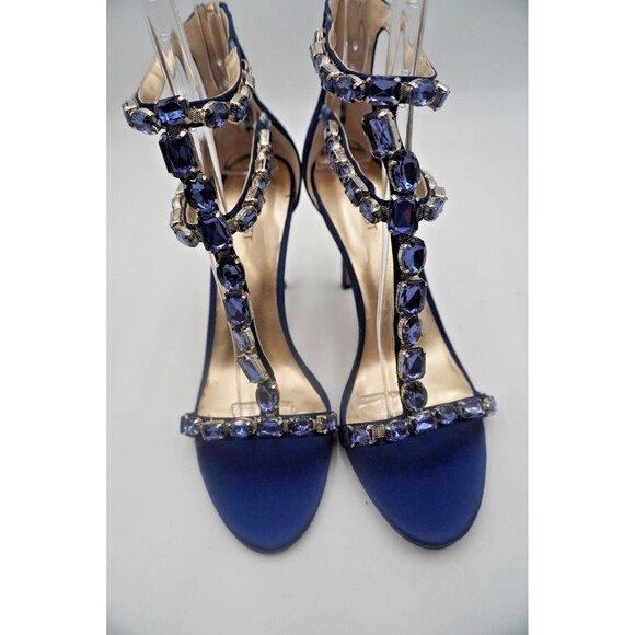 Nine West Navy Blue Satin Crystal Embellished Ankle Strap Evening Stiletto 9.5M - Picture 3 of 8